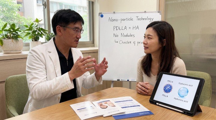 專業醫師吳紹琥正在講解Juvelook喬雅露的副作用與安全性。 顯微鏡下的Juvelook喬雅露奈米微粒結構，解析其防結節機制。 Juvelook喬雅露注射後，臉部肌膚呈現自然飽滿，副作用極低。 術前諮詢，吳紹琥醫師為患者解答關於Juvelook喬雅露副作用的疑慮。