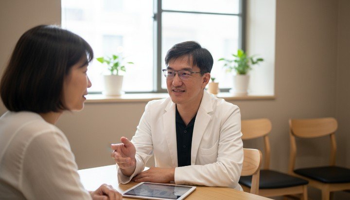 醫師於診間解說減敏治療對免疫之影響 患者諮詢減敏治療如何改善過敏體質 舌下減敏治療藥水的使用方式詳細說明 減敏治療能有效訓練免疫系統降低反應