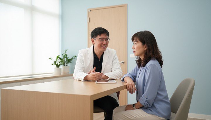 吳紹琥醫師正在與患者討論鳳凰電波預算規劃 鳳凰電波預算省錢攻略，強調中下臉分區治療的重要性 法瑞診所專業團隊講解鳳凰電波預算與發數分配 鳳凰電波預算建議：辨識原廠正貨紫鑽探頭