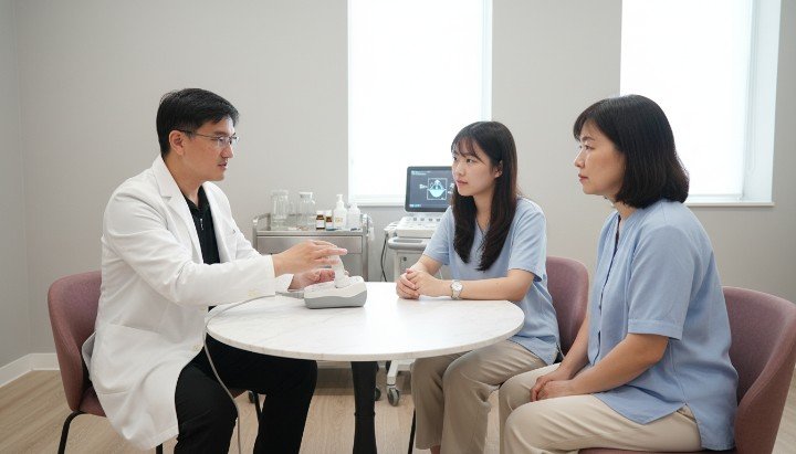 診所展示合法原廠醫學美容設備證書 護理人員檢查醫學美容設備防偽標籤 醫師專業解說醫學美容設備操作原理 使用正貨醫學美容設備進行拉提療程