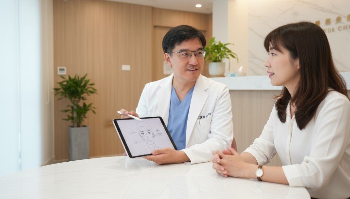 [1] 專業醫師正在向求診者解說醫學美容入門步驟 [2] 民眾於診間諮詢了解醫學美容入門基礎療程 [3] 醫學美容入門必看的皮秒雷射治療原理示意圖 [4] 醫師分享適合醫學美容入門的低風險微整項目