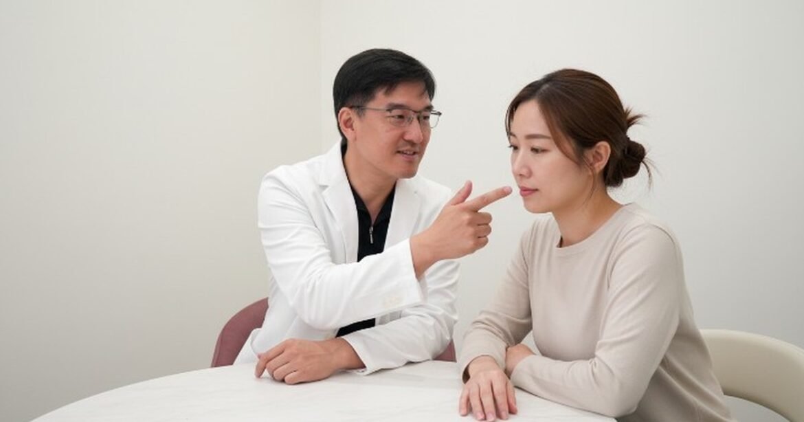 吳芮醫師分享冷氣環境下的肌膚護理建議，展示護膚步驟。