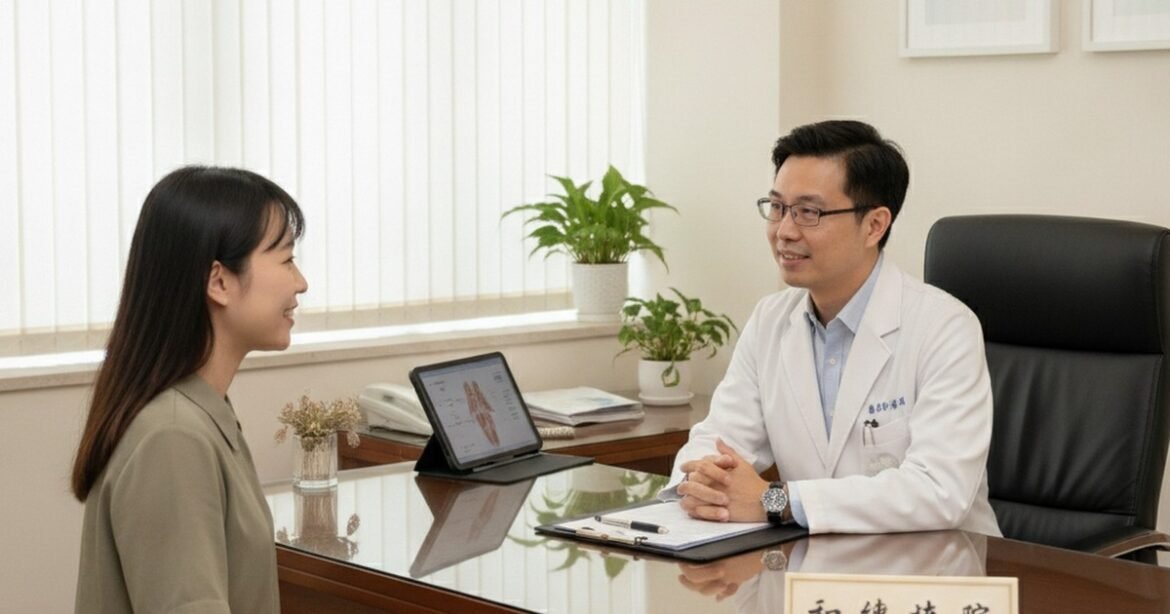 吳芮醫師比較實用指南：醫師專注為患者解說玩美電波療程細節，光線柔和。